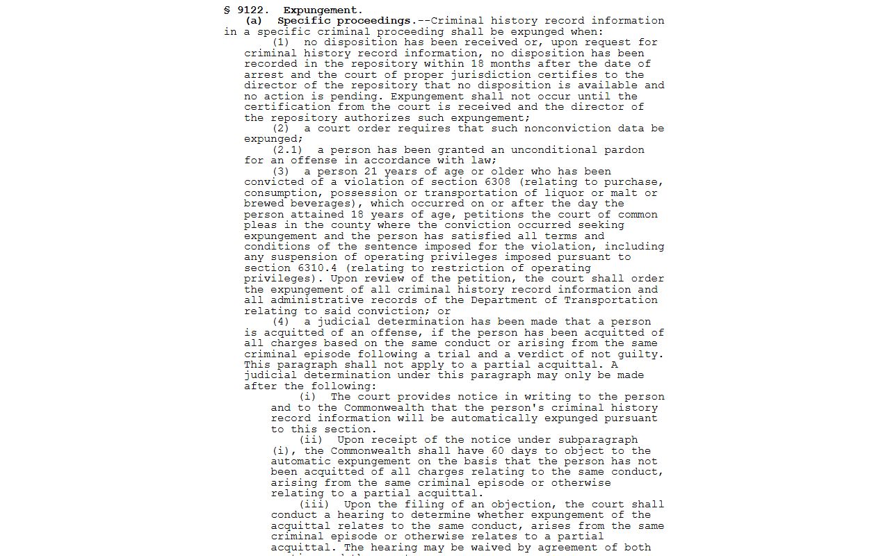 Lawrence County criminal court records Pennsylvania criminal history expungement statute