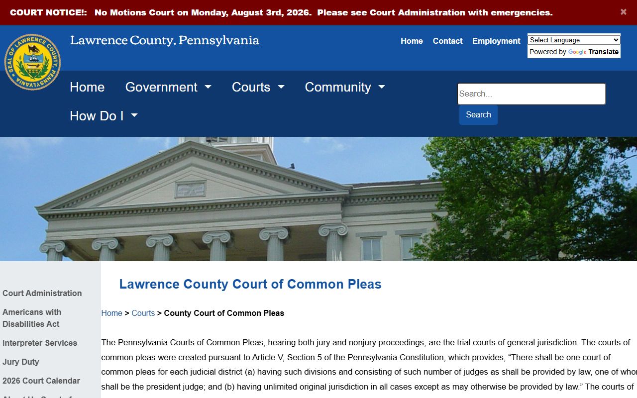 Lawrence County court records Court of Common Pleas page