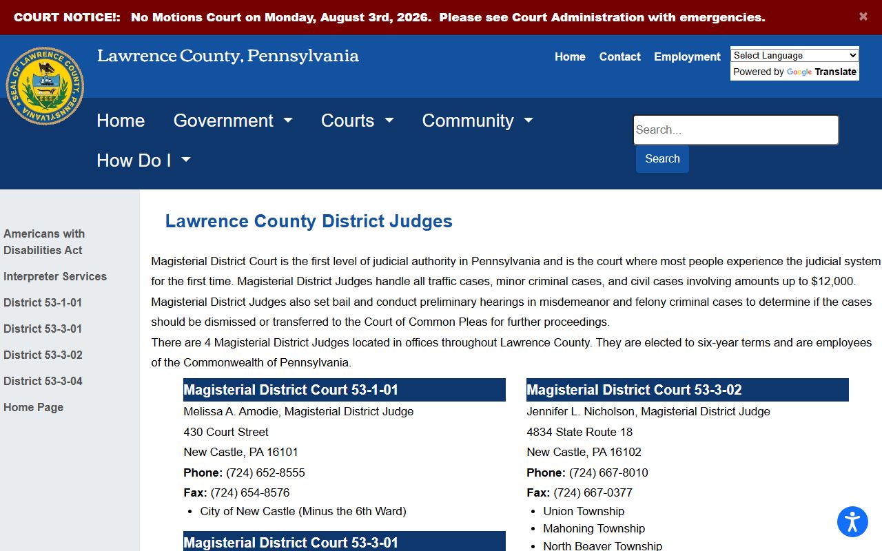 Lawrence County court records Magisterial District Judge listing