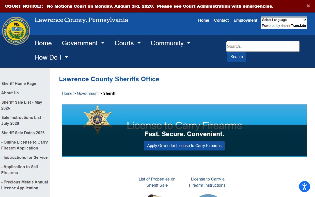 Lawrence County warrant records Sheriff page